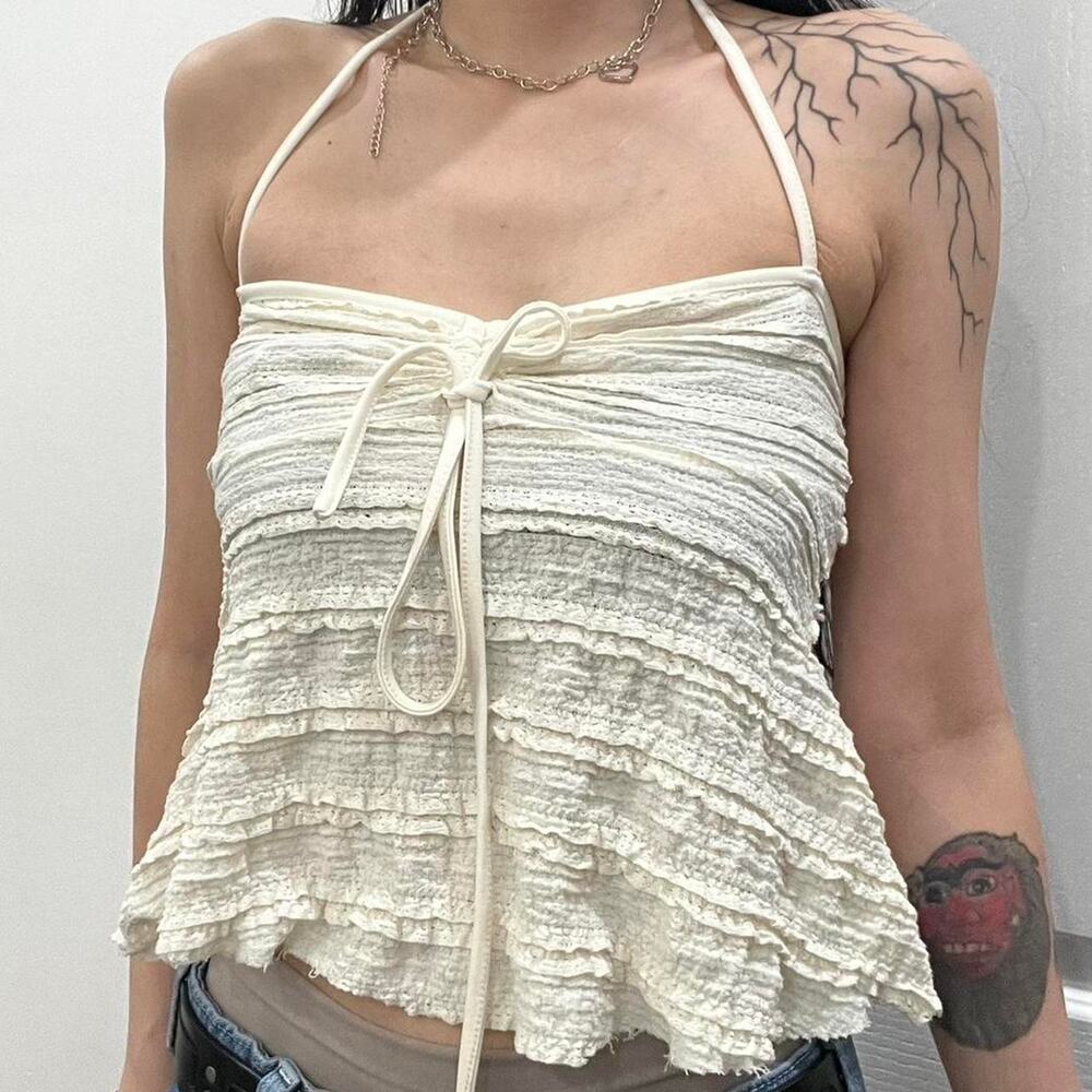 Y2k white ruffle halter neck
